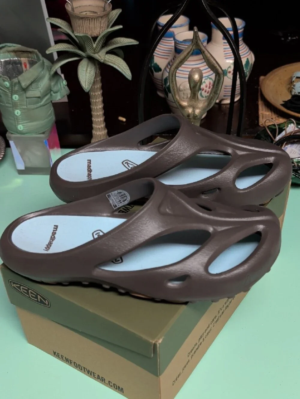 Keen Brown Slip-On Ventilated Clog with Light Blue Footbed